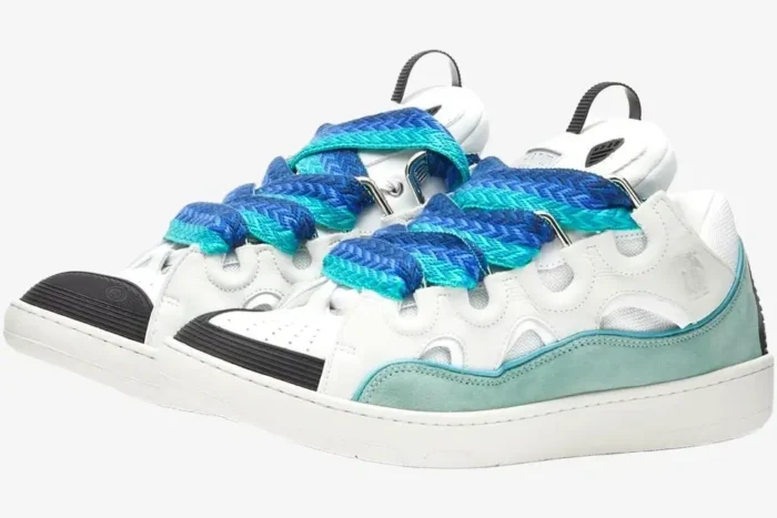 Lanvin Curb Sneaker in white, blue, and green featuring chunky patterned laces, side view. - SKU FM-SKRK11-DRAG-H220040