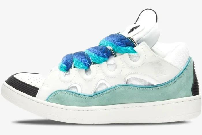 Lanvin Curb Sneaker in white and mint green with blue patterned laces, side profile view. - SKU FM-SKRK11-DRAG-H220040