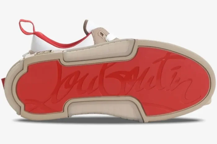 Bottom view of Christian Louboutin Astroloubi sneaker in beige, white, and red showing the signature red sole. - SKU 1240001F688