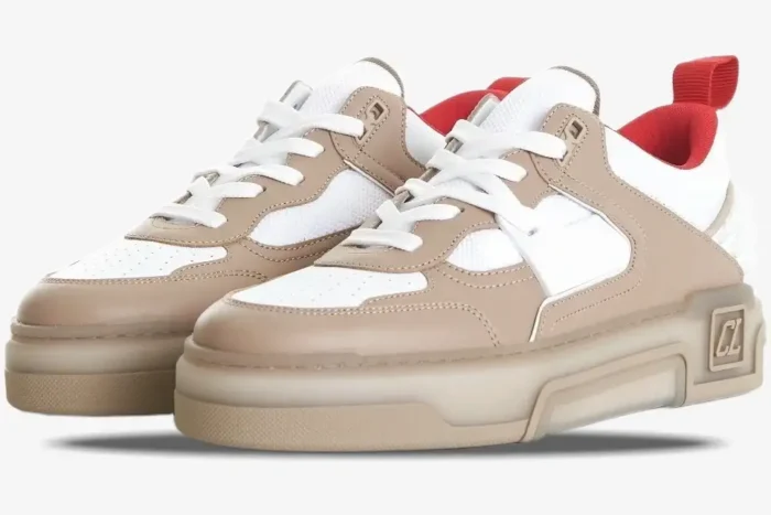 Christian Louboutin Astroloubi sneakers in beige, white, and red, shown from a side angle. - SKU 1240001F688