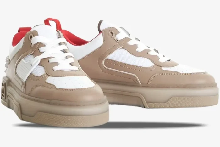 Christian Louboutin Astroloubi sneakers in beige, white, and red, shown from a three-quarter side angle. - SKU 1240001F688