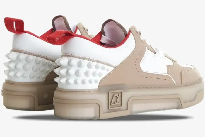 Christian Louboutin Astroloubi sneakers in beige, white, and red, rear side view showing spiked heels. - SKU 1240001F688