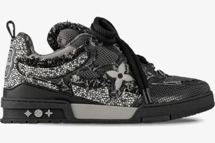 Side profile of Louis Vuitton Skate x Swarovski Monogram Black sneakers with crystal details. - SKU 1ABMHV