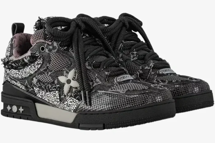 Black Louis Vuitton Skate sneakers with Swarovski Monogram crystals in a three-quarter side view. - SKU 1ABMHV
