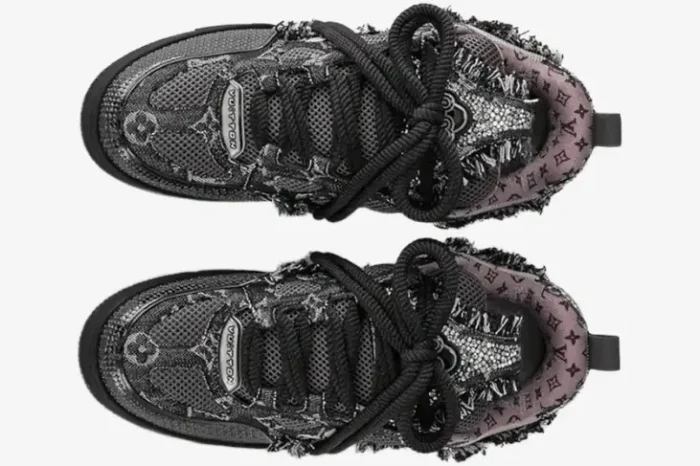 Top-down view of Louis Vuitton Skate x Swarovski sneakers in black monogram with chunky laces. - SKU 1ABMHV