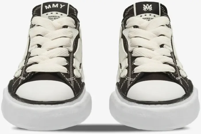 Front view of Maison Mihara Yasuhiro Hank x Amiri Bones sneakers in black and white with chunky soles. - SKU AMFOSR1076-001