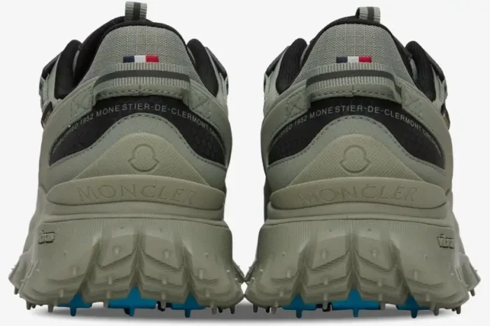 Rear view of Moncler Trailgrip GTX low top sneakers in sea grass green with Vibram soles. - SKU 4M00010-M2058-810