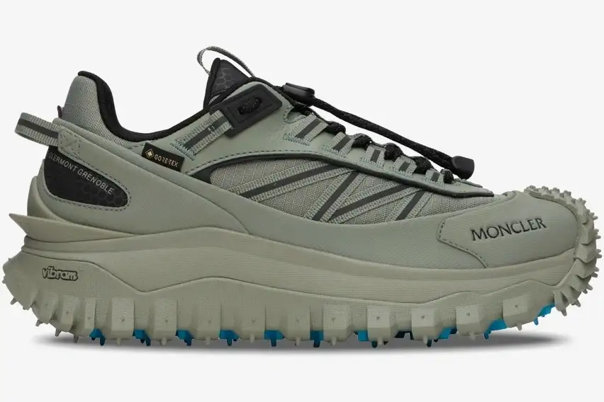 moncler-trailgrip-gtx-sea-grass-side-view-4m00010-m2058-810-762-337 Moncler Trailgrip GTX low top sneakers in sea grass green, side profile view with chunky Vibram sole. - SKU 4M00010-M2058-810