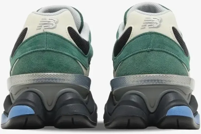 Rear view of New Balance 9060 Forest Green Black sneakers with silver logos and chunky grey midsoles. - SKU U9060VRA