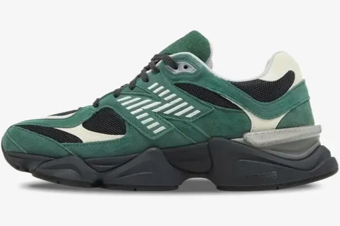 Side profile of New Balance 9060 sneakers in forest green suede and black mesh with a chunky sole. - SKU U9060VRA