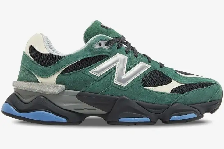 new-balance-9060-forest-green-black-side-view-u9060vra-932-133 Side profile of New Balance 9060 sneakers in forest green and black with a chunky midsole. - SKU U9060VRA