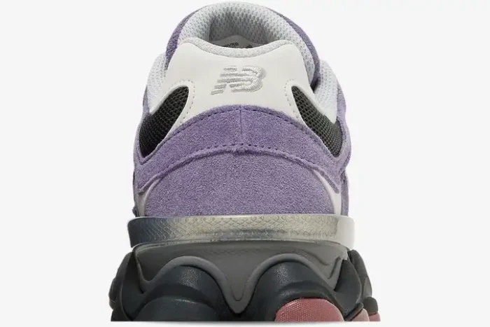 Rear view of a New Balance 9060 Mercury Black sneaker featuring purple suede and a chunky black sole. - SKU U9060VRB