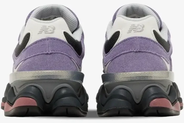 Rear view of New Balance 9060 Mercury Black sneakers featuring purple suede and a chunky sculpted sole. - SKU U9060VRB