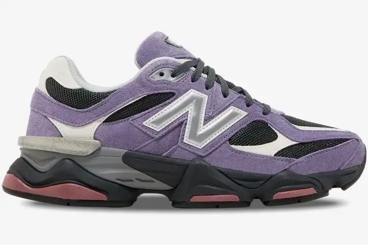 new-balance-9060-mercury-black-side-view-u9060vrb-003-470 Side view of New Balance 9060 Mercury Black sneakers featuring purple suede and black mesh. - SKU U9060VRB