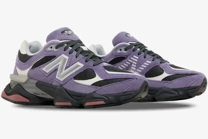 New Balance 9060 Mercury Black sneakers in purple and black, three-quarter side view. - SKU U9060VRB