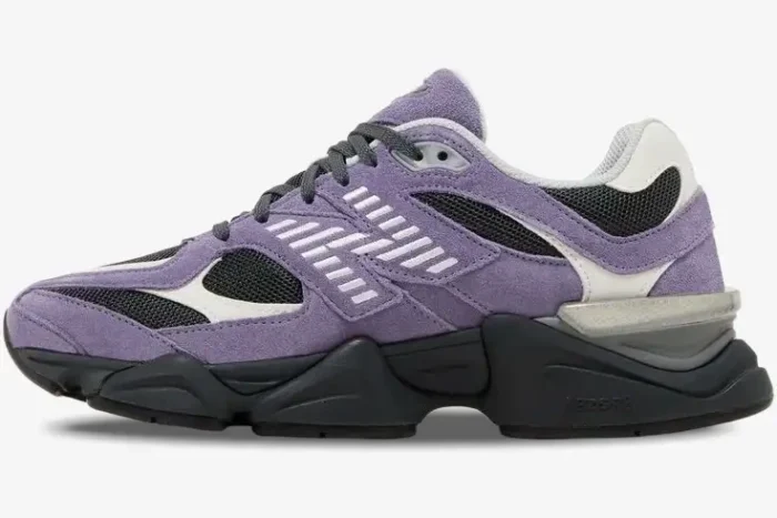 New Balance 9060 Mercury Black sneaker in purple suede and black mesh, side profile view. - SKU U9060VRB