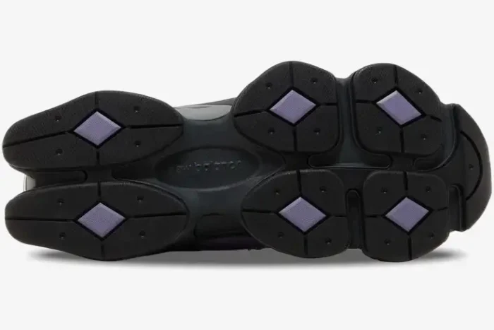 Bottom sole view of New Balance 9060 Mercury Black sneakers with purple diamond accents. - SKU U9060VRB