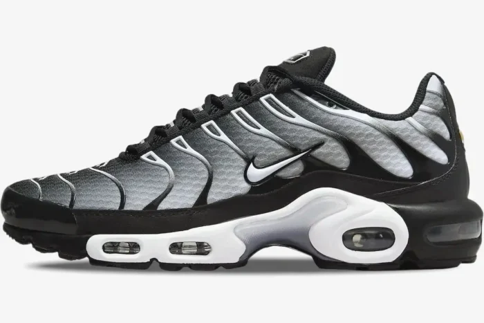 Nike Air Max Plus TN Black Metallic sneakers in a side profile view with a gradient mesh upper. - SKU DM0032-003