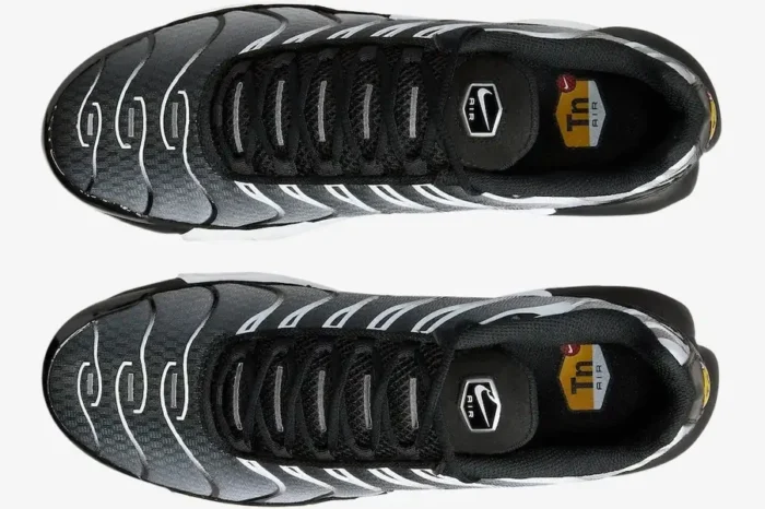 Top-down view of Nike Air Max Plus TN Black Metallic sneakers featuring wavy silver overlays and black mesh. - SKU DM0032-003