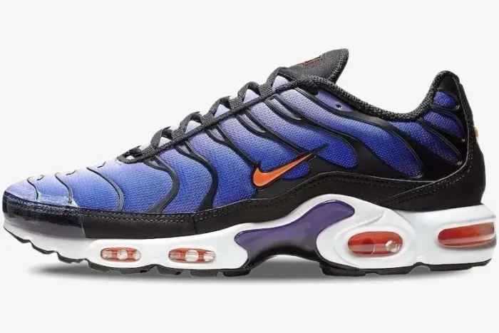 Nike Air Max Plus TN Voltage Purple sneaker in a side profile view with orange accents and a white midsole. - SKU BQ4629-002