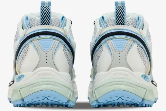 Rear view of Off-White Be Right Back sneakers in white and light blue with chunky textured soles. - SKU OWIA289C99FAB0010140