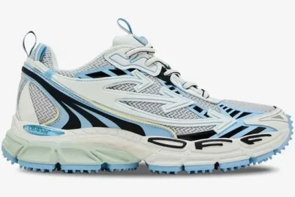 Off-White Be Right Back sneaker in white and light blue, side profile view. - SKU OWIA289C99FAB0010140