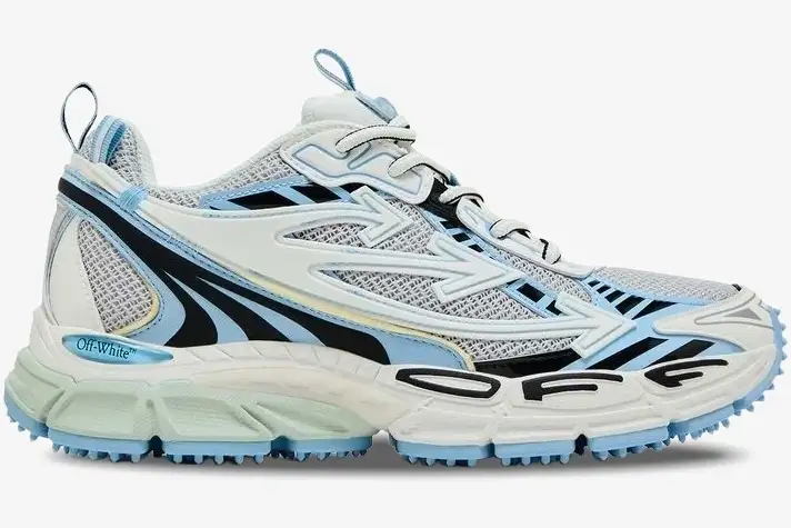 off-white-be-right-back-white-blue-side-owia289c99fab0010140-489-103 Off-White Be Right Back sneaker in white and light blue, side profile view. - SKU OWIA289C99FAB0010140