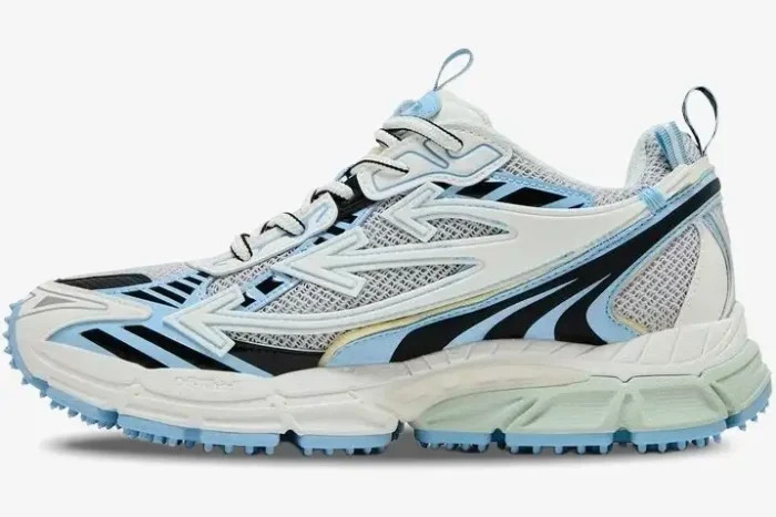 Off-White Be Right Back sneaker in white and light blue, side profile view showing mesh and arrow details. - SKU OWIA289C99FAB0010140