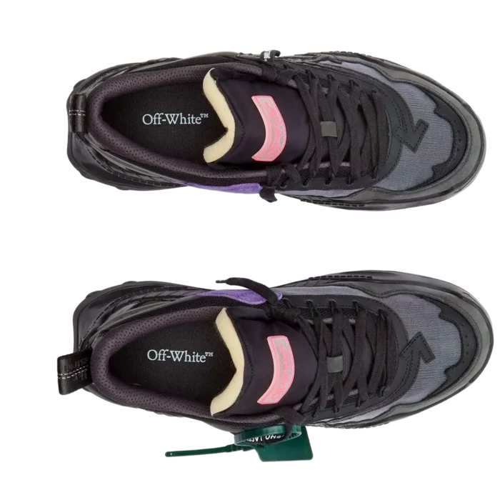 Top-down view of Off-White ODSY-1000 Black 2023 sneakers with purple accents and pink tongue patches. - SKU OWIA180C99FAB001-1000