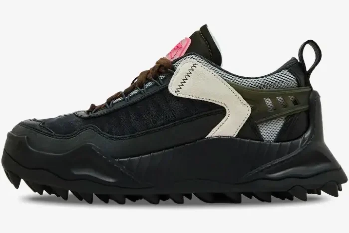 Side profile of Off-White ODSY-1000 black and white sneakers with a chunky spiked sole and brown laces. - SKU OWIA180F21FAB0021001