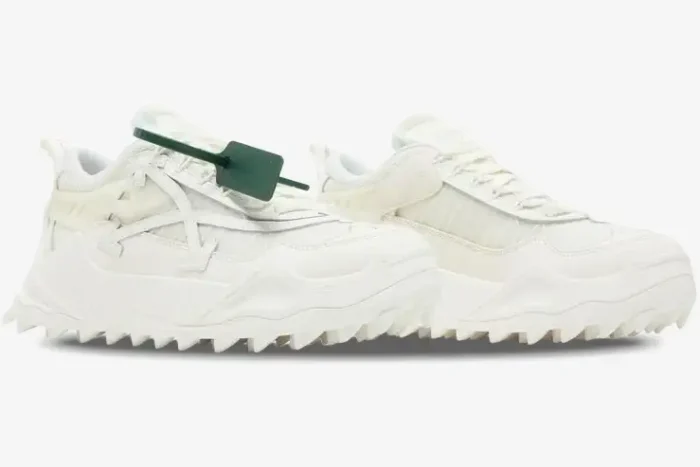 Off-White ODSY-1000 white chunky sneakers with spiked soles and green zip tie, side profile view. - SKU OMIA139C99FAB001-0100