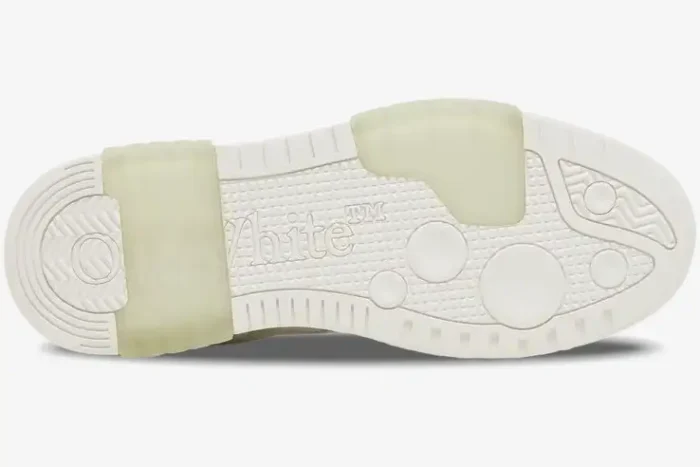 Bottom view of white Off-White Out Of Office sneaker sole with translucent gel inserts and embossed logo. - SKU OMIA189C99LEA006-0100