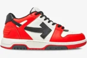 Off-White Out Of Office 'OOO' Low sneaker in red, white, and black, shown from a side profile view. - SKU OMIA189S23LEA001-2510