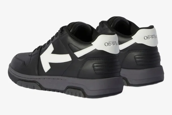 Rear view of Off-White Out Of Office black and white leather sneakers showing the heel branding. - SKU OMIA189C99LEA0061001