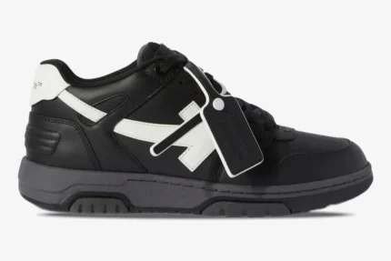 Side view of Off-White Out Of Office sneakers in black leather with white arrow logo. - SKU OMIA189C99LEA0061001