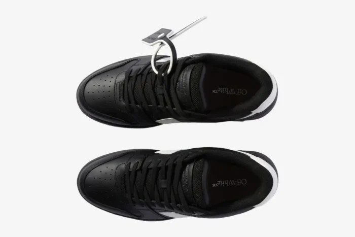 Top-down view of black and white Off-White Out Of Office leather sneakers with signature zip tie tag. - SKU OMIA189C99LEA0061001