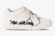 Side profile of Off-White Out Of Office 'For Walking' sneakers in white with black text and zip tie. - SKU OMIA189C99LEA0010110