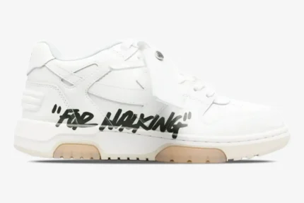 Side profile of Off-White Out of Office white leather sneakers with black 'FOR WALKING' graffiti text. - SKU OWIA259C99LEA0040110