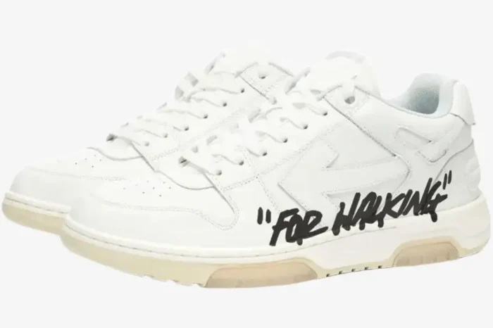Off-White Out of Office white leather sneakers with 'For Walking' text, three-quarter view. - SKU OWIA259C99LEA0040110