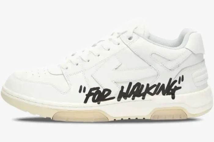 Off-White Out of Office white leather sneakers with 'FOR WALKING' text, side profile view. - SKU OWIA259C99LEA0040110