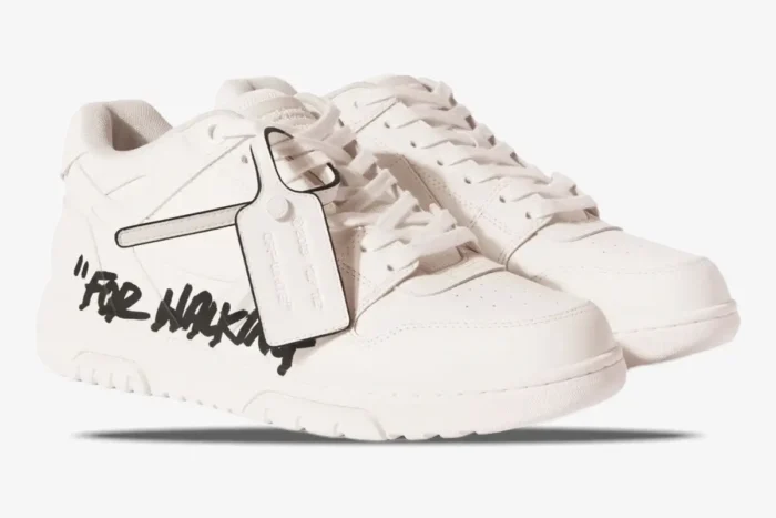 Off-White Out Of Office 'For Walking' white sneakers in a three-quarter side view. - SKU OMIA189C99LEA0010110