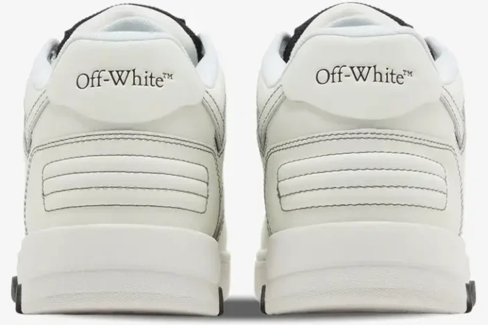 Rear view of white Off-White Out of Office Low sneakers with black accents and heel branding. - SKU OMIA189S24LEA0041001