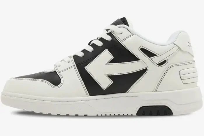 Off-White Out of Office Low 'Stormtrooper' sneakers in white and black leather, side profile view. - SKU OMIA189S24LEA0041001