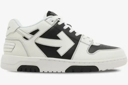 Side view of Off-White Out of Office Low Stormtrooper sneakers in white and black leather. - SKU OMIA189S24LEA0041001