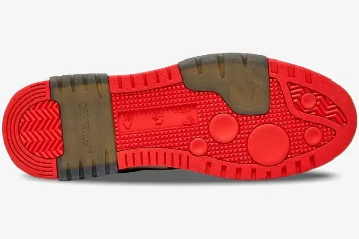 Bottom view of the red and black outsole of an Off-White Out Of Office 'OOO' Low sneaker. - SKU OMIA189S23LEA001-2510