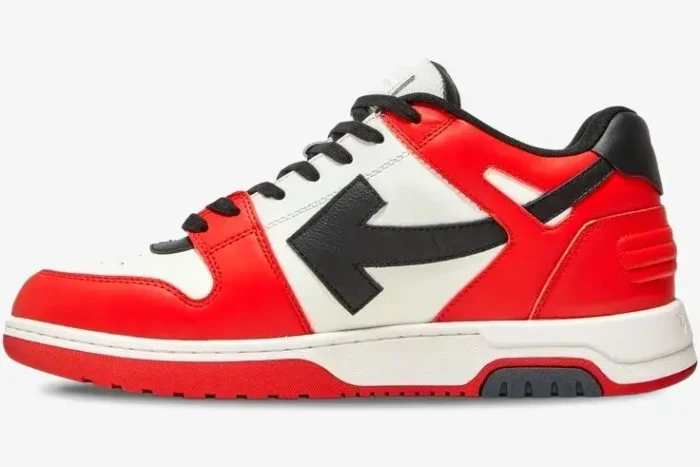Side profile of an Off-White Out Of Office 'OOO' Low sneaker in red, white, and black leather. - SKU OMIA189S23LEA001-2510