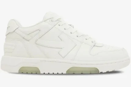 Off-White Out Of Office 'OOO' leather sneakers in white, side profile view. - SKU OMIA189C99LEA006-0100