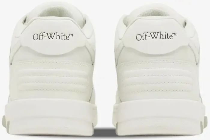 Rear view of Off-White Out Of Office leather sneakers in white, showing the branded heel tabs and padded details. - SKU OMIA189C99LEA006-0100