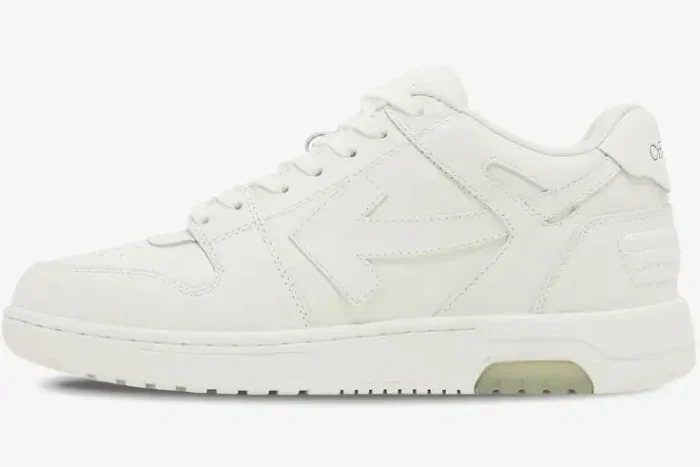 Side profile of Off-White Out Of Office leather sneakers in all-white with signature arrow logo. - SKU OMIA189C99LEA006-0100