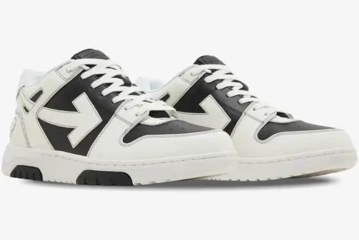 Off-White Out of Office Low 'Stormtrooper' sneakers in white and black leather, three-quarter side view. - SKU OMIA189S24LEA0041001